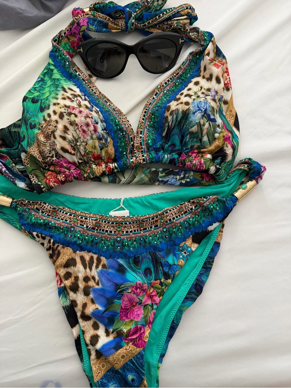 Camilla Tropical Peacock Print Bikini Set in Teal & Multicolor